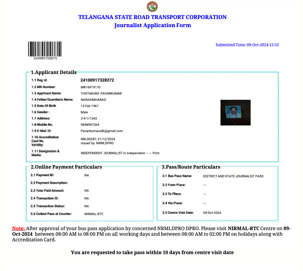 TSRTC Journalist Bus Pass